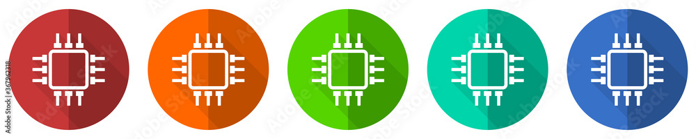 Circuit icon set, chip, computer, red, blue, green and orange flat design web buttons isolated on white background, vector illustration