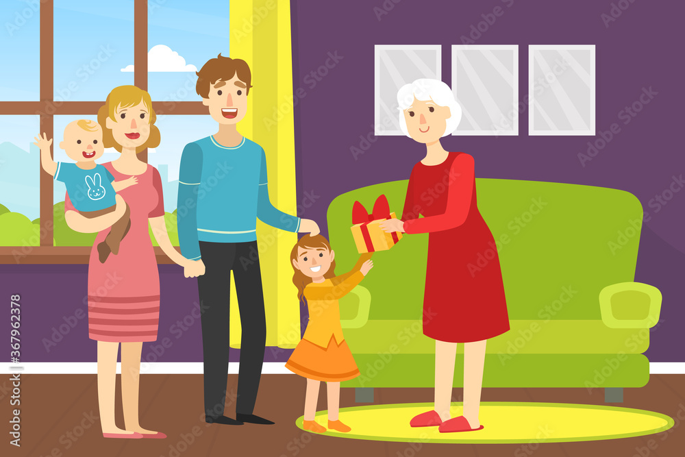 Girl Giving Holiday Present to Happy Grandmother, Relatives Congratulating Grandma with Birthday Party Event Cartoon Vector Illustration Girl Giving Holiday Present to Happy Grandmother, Relatives Congratulating Grandma with Birthday Party Event Cartoon Vector Illustration