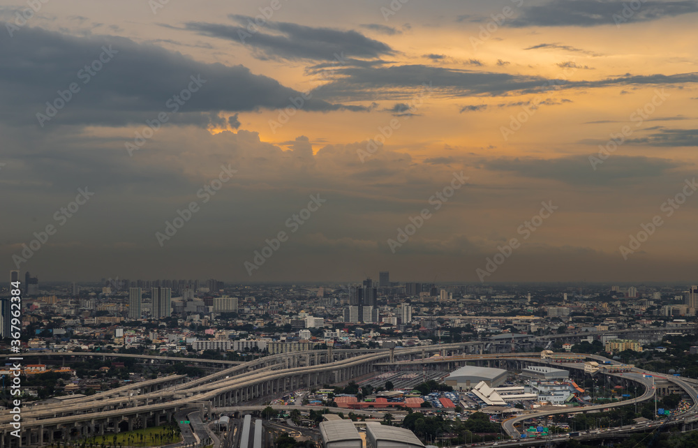 Bangkok, Thailand - Jul, 25, 2020 : Aerial view of Bang Sue central station, the new railway hub transportation building at evening. No focus, specifically.