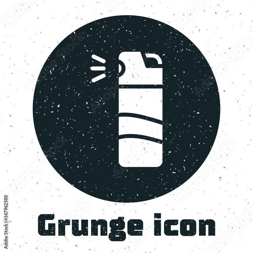 Grunge Pepper spray icon isolated on white background. OC gas. Capsicum self defense aerosol. Monochrome vintage drawing. Vector.