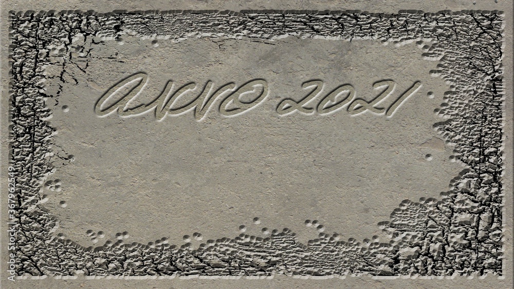 Greeting card with frame and ANNO 2021 lettering - background designed as a concrete surface - 3D illustration