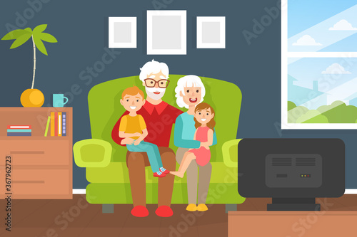 Smiling Grandparents and Grandchildren Sitting on Sofa in Living Room at Home, Grandparents Spending Time with their Grandchildren at Home Cartoon Vector Illustration