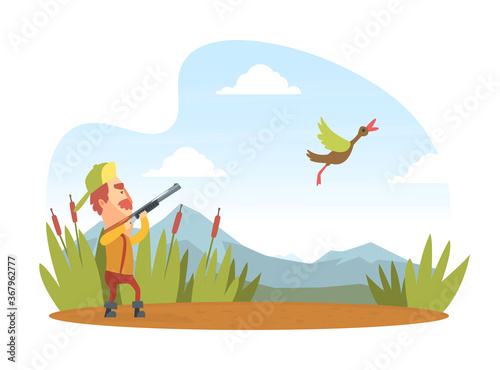 Man Hunter with Shotgun Hunting Duck, Funny Hunter Character Wearing Khaki Clothes and Hat with Rifle Cartoon Vector Illustration