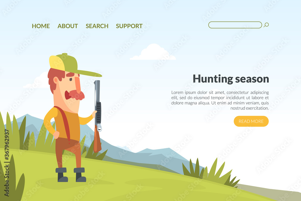 Hunting Season Landing Page Template, Funny Hunter Character Character Wearing Khaki Clothes and Hat Standing with Rifle Cartoon Vector Illustration Hunting Season Landing Page Template, Funny Hunter Character Character Wearing Khaki Clothes and Hat Standing with Rifle Cartoon Vector Illustration
