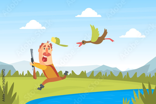 Funny Man Hunter Character Running away from Flying Duck Bird Cartoon Vector Illustration
