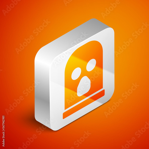 Isometric Balaclava icon isolated on orange background. A piece of clothing for winter sports or a mask for a criminal or a thief. Silver square button. Vector.