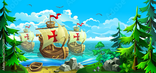 Fotografie Wooden European ships with sails