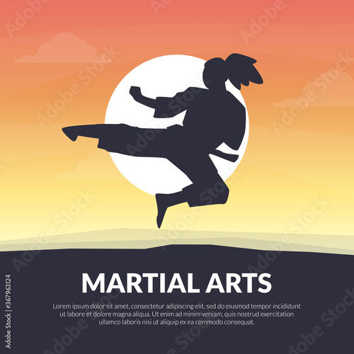 Martial Arts Banner Template, Karate, Judo, Taekwondo, Aikido School Design, Asian Martial Art Fighter at Sunset Vector Illustration