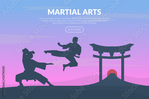 Martial Arts Banner Template with Asian Fighters, Karate, Judo, Taekwondo, Aikido School Website, Homepage Design Vector Illustration