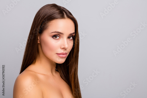 Close-up portrait of her she nice-looking attractive pretty charming pure shine straight-haired girl natural organic freshness isolated on gray pastel color background