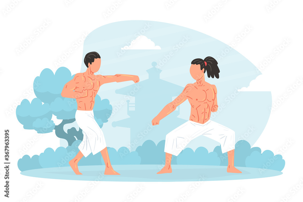 Two Strong Muscular Asian Men Martial Art Fighters Training Outdoors Cartoon Vector Illustration