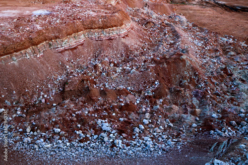 textures of various clay layers underground in clay quarry after geological study of soil. colored layers of clay and stone in section of earth, different rock formations and soil layers.