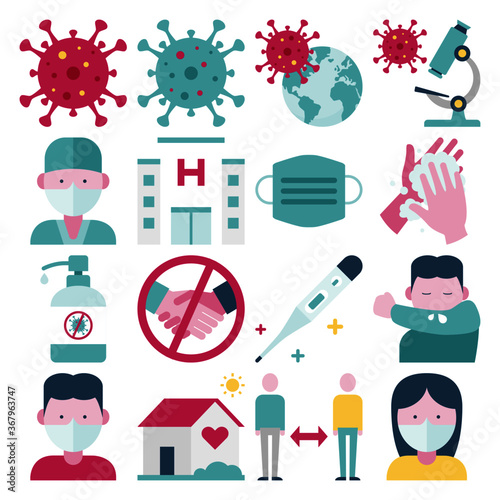 A set with vector flat design coronavirus COVID-19 related icons and illustrations