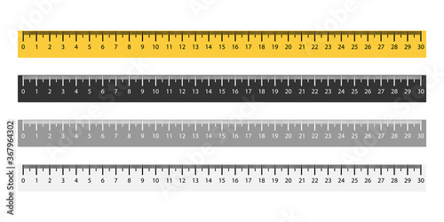Set of ruler metric measurement in yellow and black colors. Isolated measure tool from 1 to 30 cm. Horizontal rulet with mm sign. Distance measuring math instrument. Vector EPS 10.