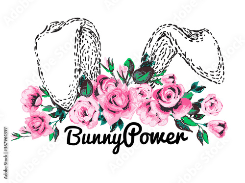 Bunny ears and floral princess crown vector illustration. Girl power feminism concept in cute baby style. Rose flower head wreath. Greeting card or woman t-shirt design isolated on white background