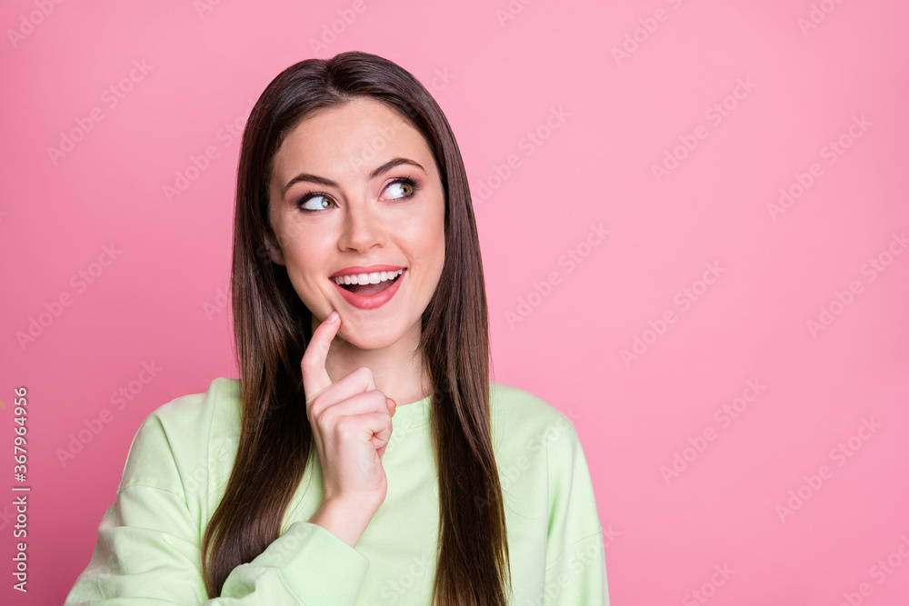 Portrait of cheerful minded girl touch finger chin look copyspace think thoughts enjoy rest relax choice decision solution wear youth style outfit isolated over pastel color background Portrait of cheerful minded girl touch finger chin look copyspace think thoughts enjoy rest relax choice decision solution wear youth style outfit isolated over pastel color background