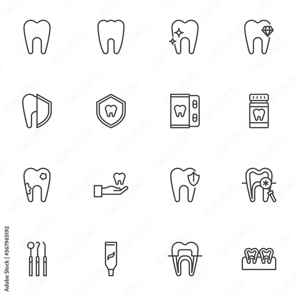 Dental treatment line icons set, outline vector symbol collection, linear style pictogram pack. Signs, logo illustration. Set includes icons as healthy teeth, toothache, dentist tool, dental braces Dental treatment line icons set, outline vector symbol collection, linear style pictogram pack. Signs, logo illustration. Set includes icons as healthy teeth, toothache, dentist tool, dental braces