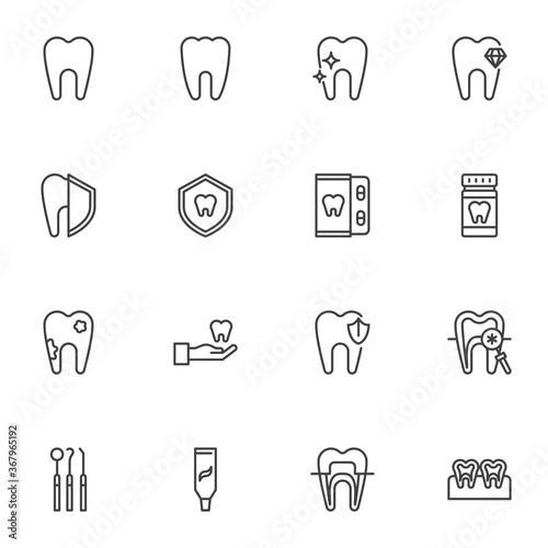 Dental treatment line icons set, outline vector symbol collection, linear style pictogram pack. Signs, logo illustration. Set includes icons as healthy teeth, toothache, dentist tool, dental braces