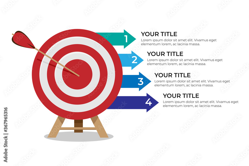 Dartboard arrows hitting target, objective achieved, target concept with four steps infographics - obrazy, fototapety, plakaty 