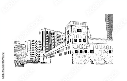 Building view with landmark of Abu Dhabi, the capital of the United Arab Emirates. Hand drawn sketch illustration in vector.