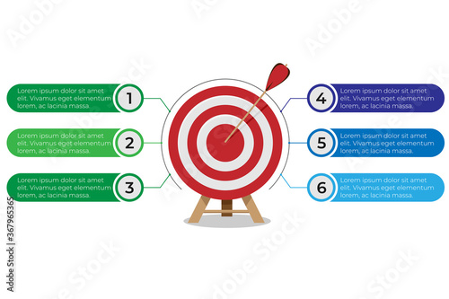 Dartboard arrows hitting target, objective achieved, target concept with six steps infographics