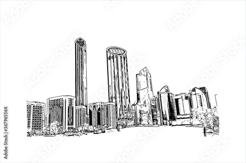 Building view with landmark of Abu Dhabi, the capital of the United Arab Emirates. Hand drawn sketch illustration in vector.