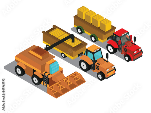 Combine harvester and tractor 3d isometric view