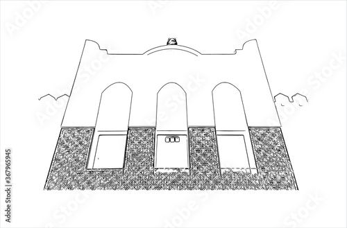 Building view with landmark of Abu Dhabi, the capital of the United Arab Emirates. Hand drawn sketch illustration in vector.