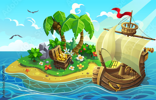 Wooden ship near the tropical island with palms and treasure chest. vector illustration.