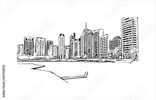 Building view with landmark of Abu Dhabi, the capital of the United Arab Emirates. Hand drawn sketch illustration in vector.