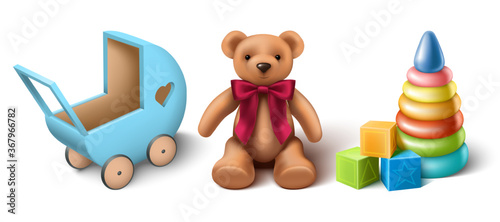 3d realistic vector collection of children toys, teddy bear, wooden stroller, stacker and play cubes. Isolated on white background.