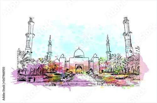 Building view with landmark of Abu Dhabi, the capital of the United Arab Emirates. Watercolor splash with hand drawn sketch illustration in vector.