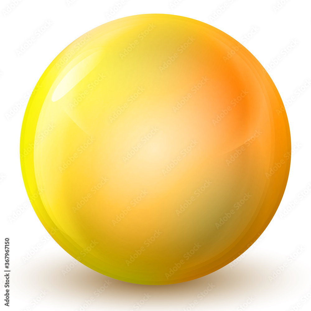 Glass golden ball or precious pearl. Glossy realistic ball, 3D abstract vector illustration highlighted on a white background. Big metal bubble with shadow.