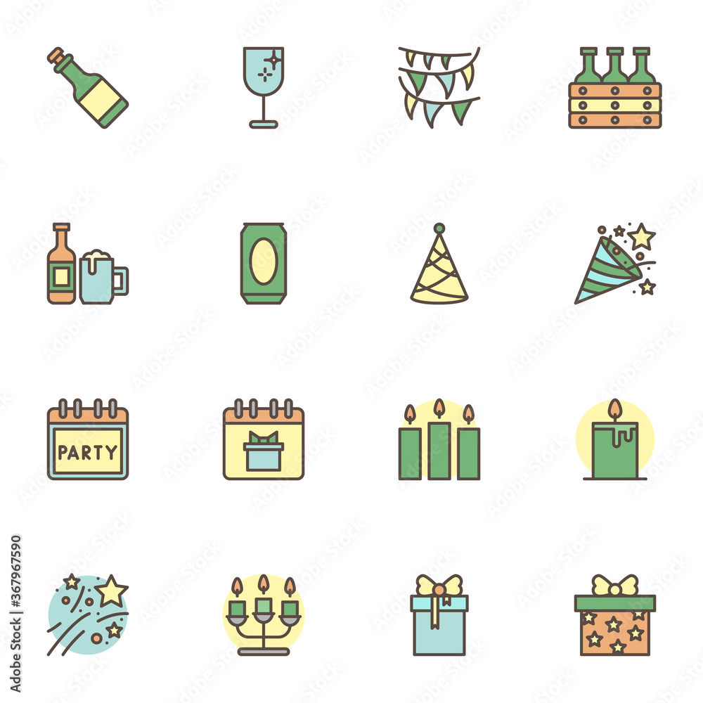 Birthday party celebration filled outline icons set, line vector symbol collection, linear colorful pictogram pack. Signs, logo illustration, Set includes icons as confetti, cocktail, beer, firework