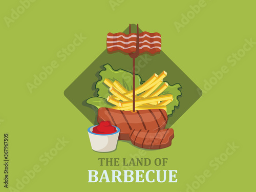 Grilled barbecue beef steak,sausage,bacon,chicken thighs in flames.