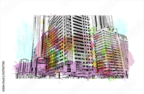 Building view with landmark of Abu Dhabi, the capital of the United Arab Emirates. Watercolor splash with hand drawn sketch illustration in vector.