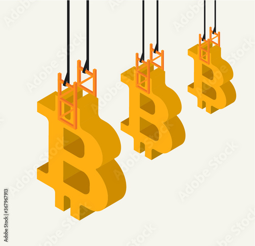 Isometric yellow bitcoin sign internet money vector