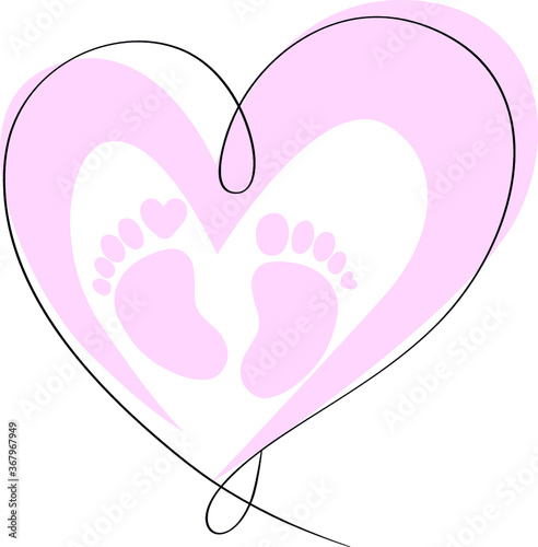 Baby footprint, pink, blue, heart, silhouette. vector illustration