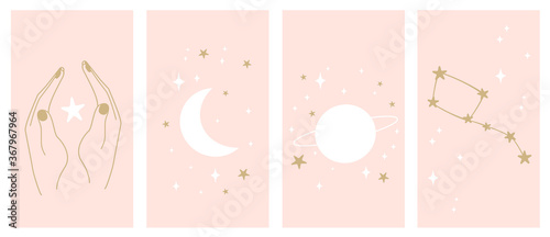 Vector set of abstract mystic logo design templates in simple linear style with moon, stars and constellation elements symbols for instagram social media stories highlights and posts