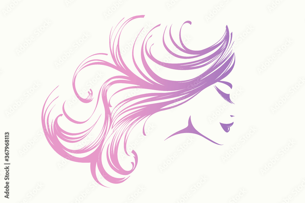 Beautiful woman with elegant hairstyle and makeup.Long, wavy hair.Beauty salon illustration.Cosmetics and spa female portrait.Profile view smiling face.
