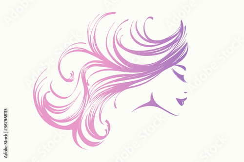 Beautiful woman with elegant hairstyle and makeup.Long, wavy hair.Beauty salon illustration.Cosmetics and spa female portrait.Profile view smiling face.