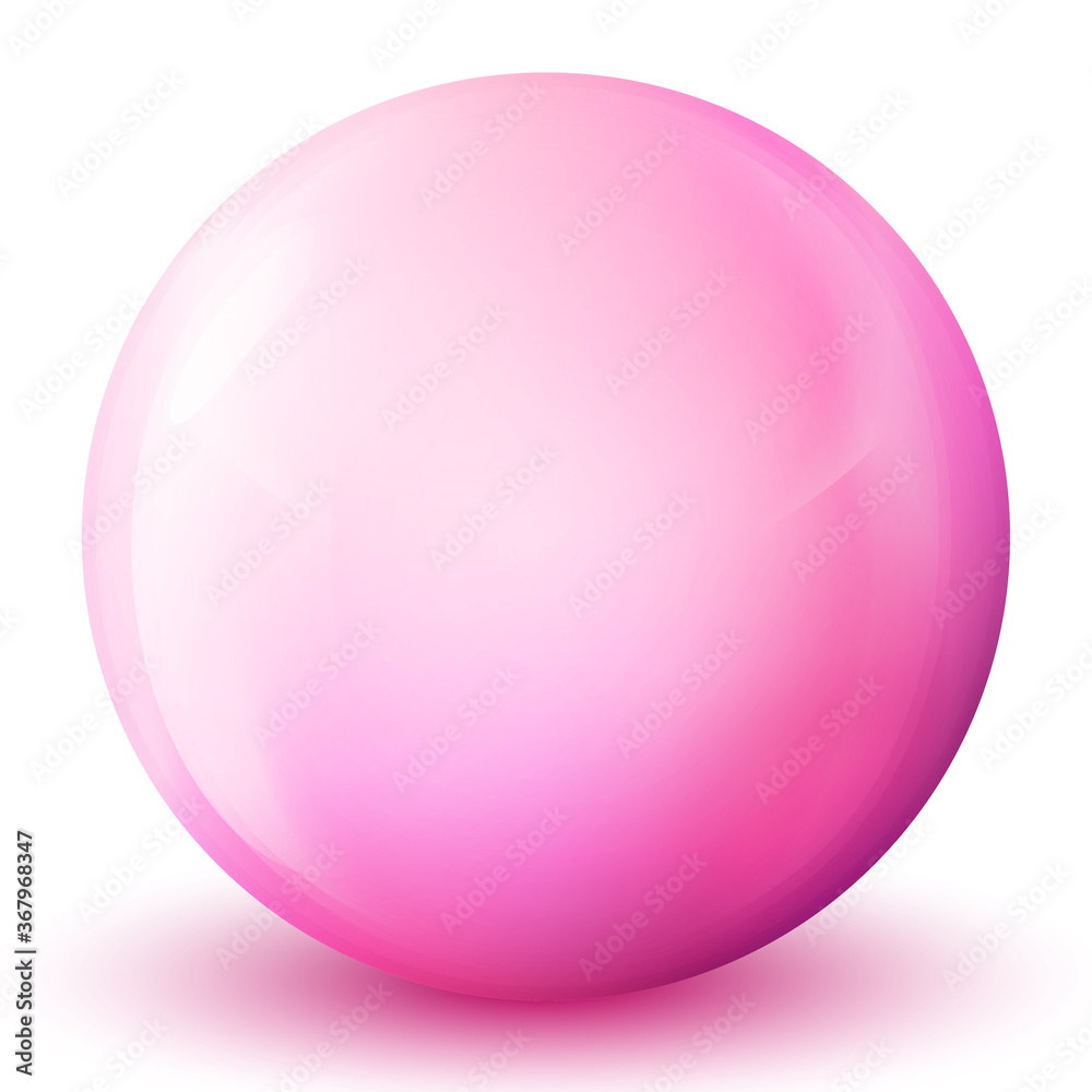 Glass pink ball or precious pearl. Glossy realistic ball, 3D abstract vector illustration highlighted on a white background. Big metal bubble with shadow.