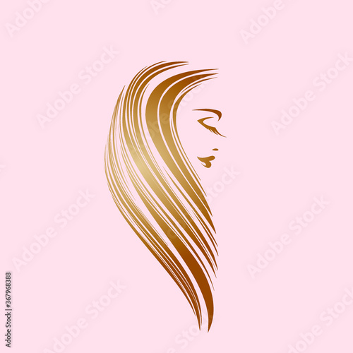 Beautiful woman with elegant hairstyle and makeup.Long, wavy, blonde hair.Beauty salon illustration.Cosmetics and spa female portrait.Profile view face.Shiny golden color.