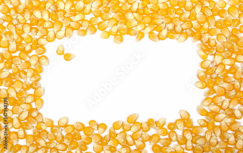 Corn kernels, popcorn frame and border isolated on white background, top view
