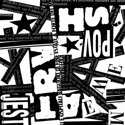 set of grunge black and white letters made from newspaper pages collage