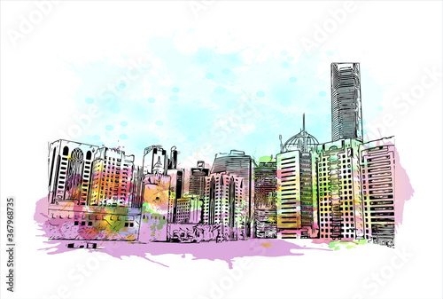 Building view with landmark of Abu Dhabi, the capital of the United Arab Emirates. Watercolor splash with hand drawn sketch illustration in vector.