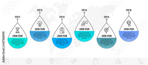 Vector infographics drop with 6 steps. Line flat template. Used for diagram, business, web, workflow layout, presentations, info graph, timeline, content, processes diagram. Data visualization.