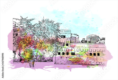 Building view with landmark of Abu Dhabi, the capital of the United Arab Emirates. Watercolor splash with hand drawn sketch illustration in vector.