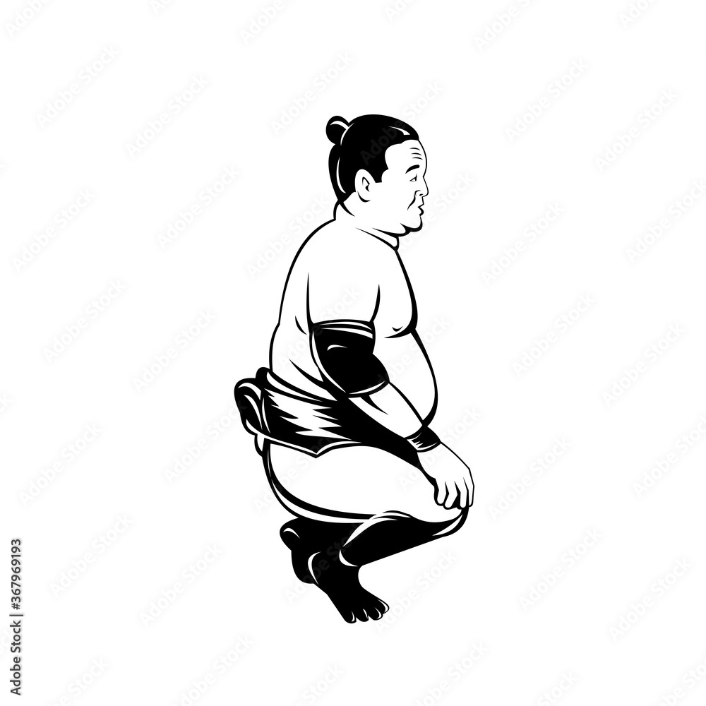 Sumo Wrestler or Rikishi Squatting Side View Retro Black and White