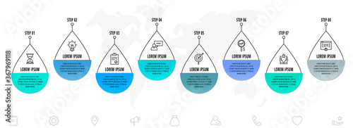 Vector infographics drop with 8 steps. Line flat template. Used for diagram, business, banner, workflow layout, flowchart, info graph, timeline, levels, chart, processes diagram